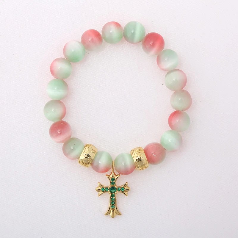Pink Green Beaded Cross Charm Bracelet