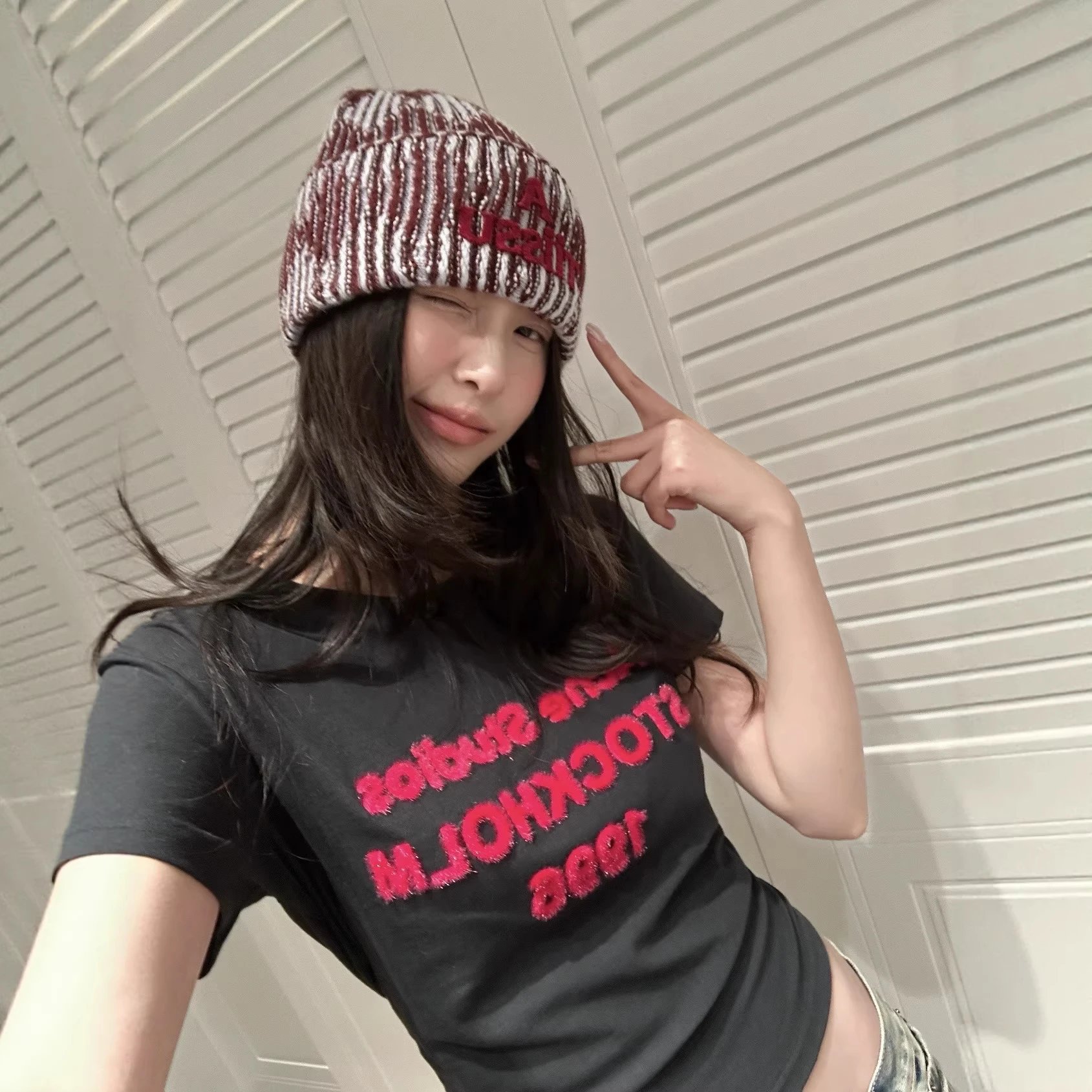 Unisex Knit Beanie Red White Striped Casual Headwear