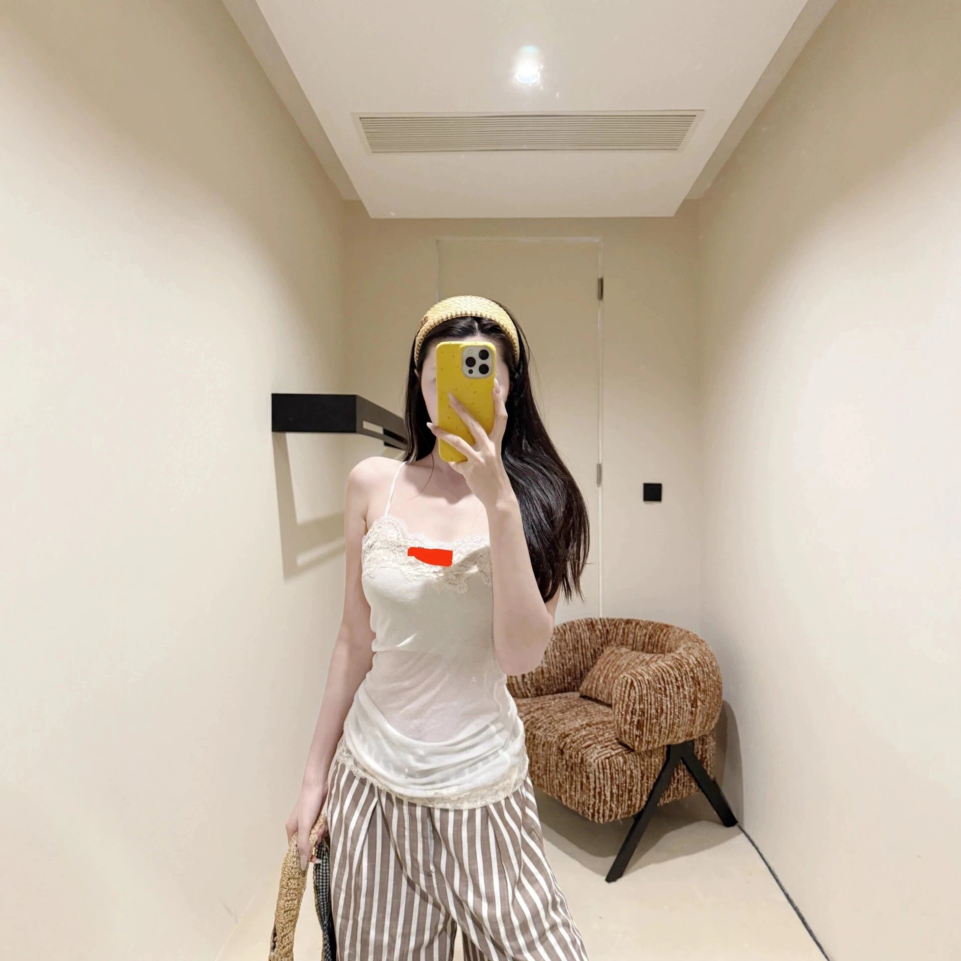 White Lace Trim Tank Top Striped Pants Casual Outfit